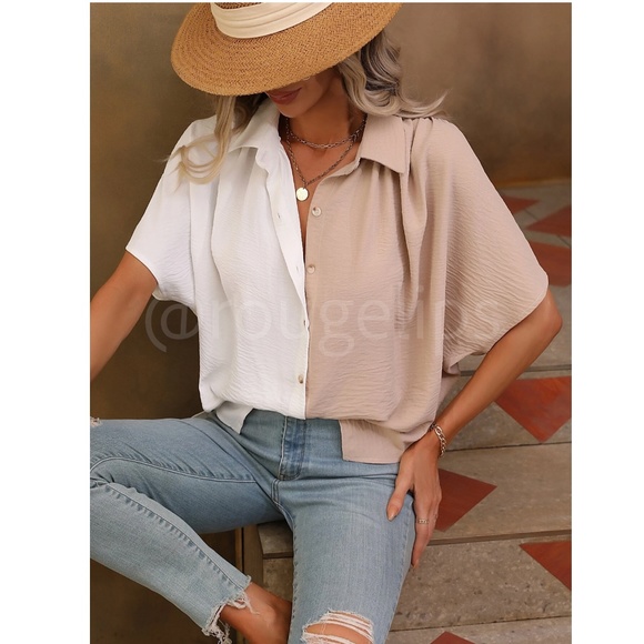 Loose Fitting Color Block 2 Tone Button Up Down Shirt Batwing Sleeve Tan Beige - Picture 6 of 7